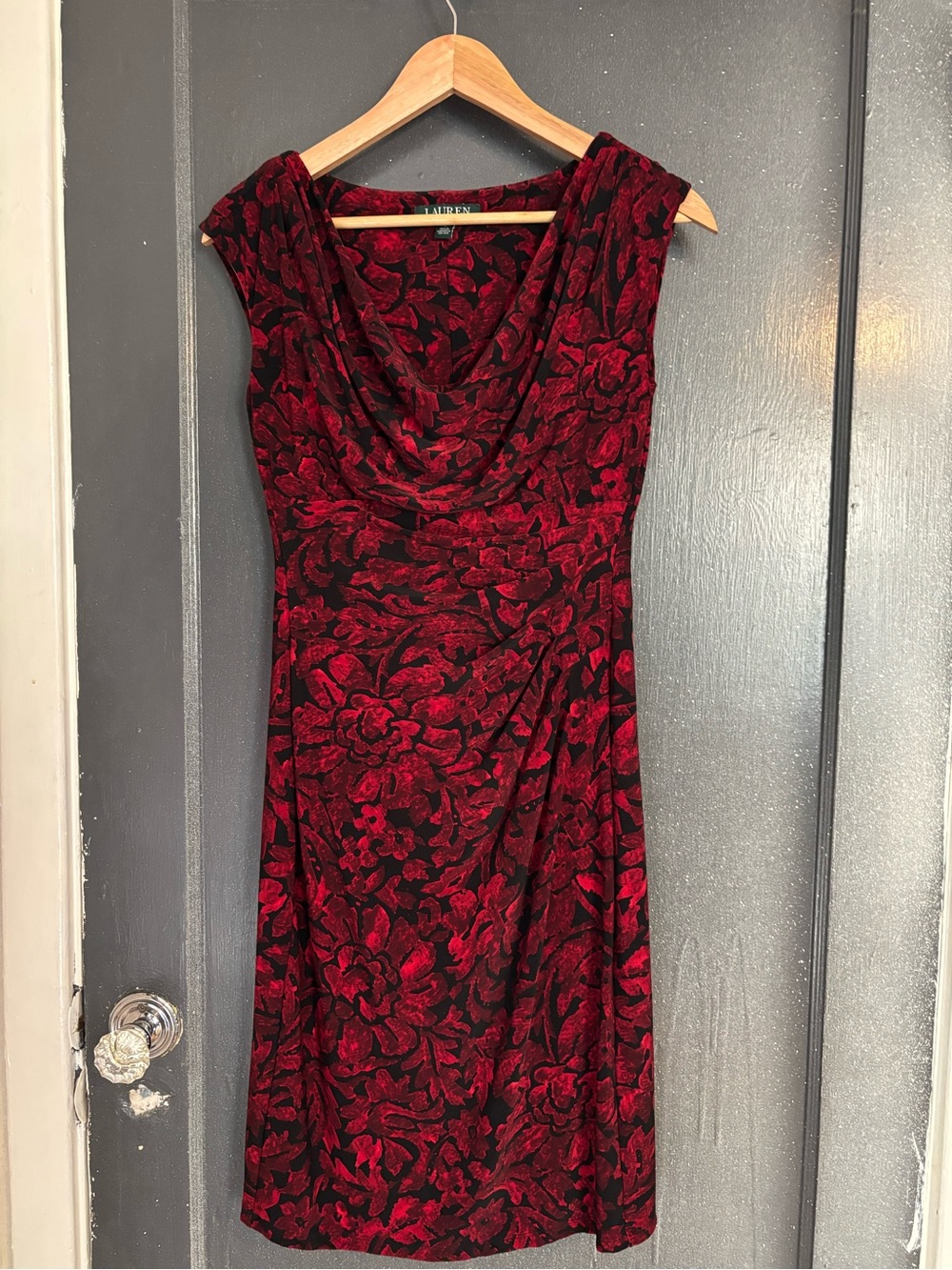 Ralph Lauren Red and Black Floral Cowl Neck Midi Dress